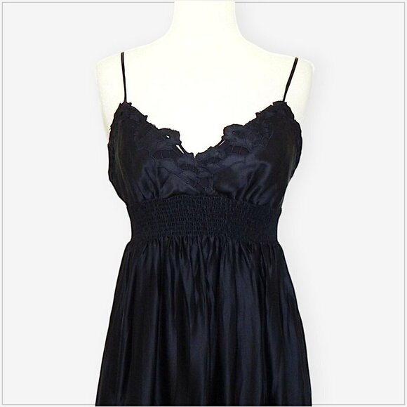 BCBGMaxAzria Black Silk Empire Cutwork Lace Embroidered Slip Boho Dress NWOT XS - Picture 2 of 6